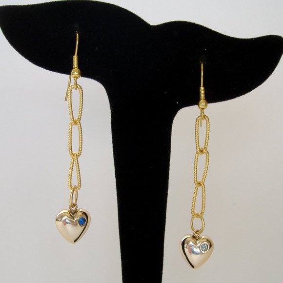 Heart Rhinestone Long Handmade Earrings Gold Metal Chain Aqua Blue Pierced Hook - Picture 4 of 6